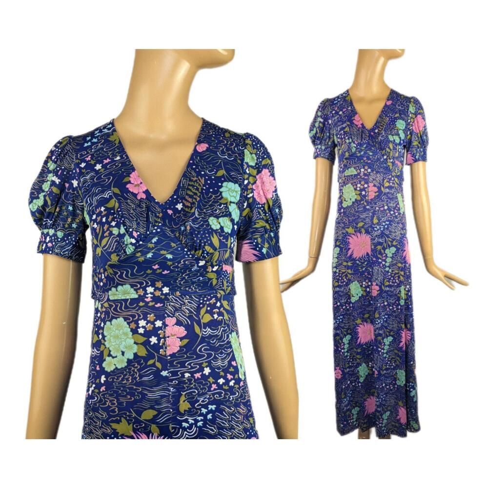 Vintage Blue Floral V-Neck Maxi Dress with Puff Sleeves
